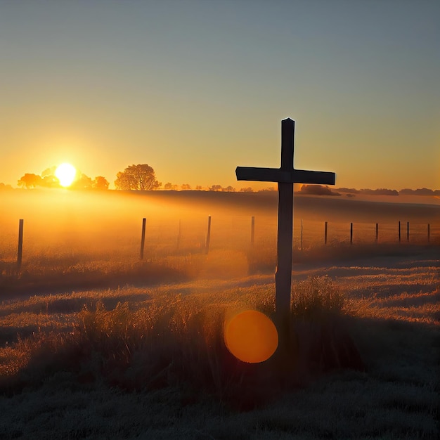 Una croce su un campo nebbioso con un'alba