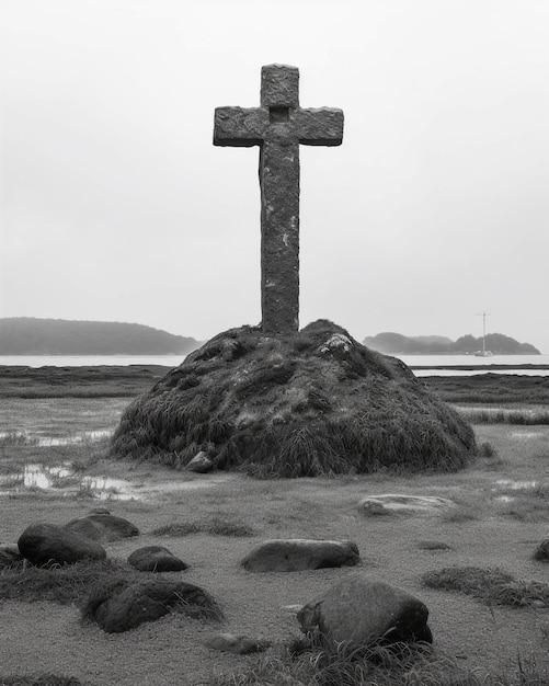 Una croce su una collina con rocce sullo sfondo