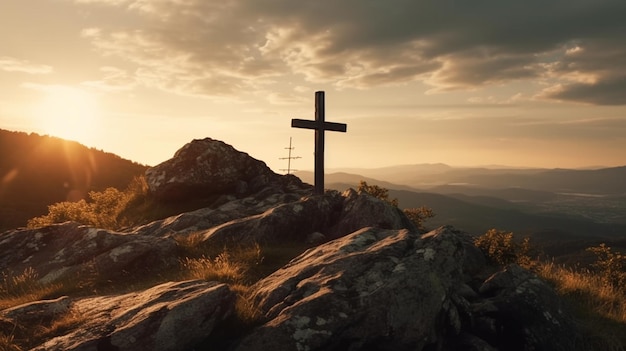 Una croce su una montagna con il sole che tramonta dietro di essa