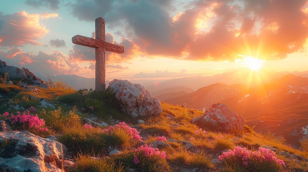 una croce su una montagna con un tramonto sullo sfondo