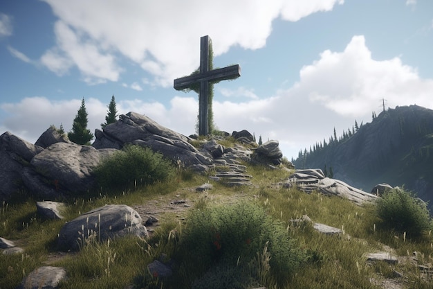 Una croce sulla cima di una montagna con le montagne sullo sfondo
