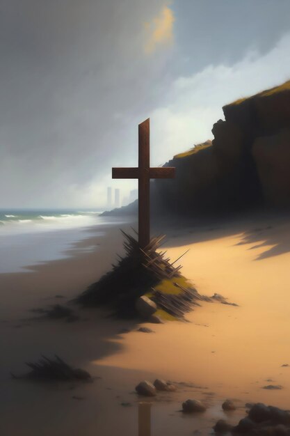 Una croce sulla spiaggia è nella sabbia.