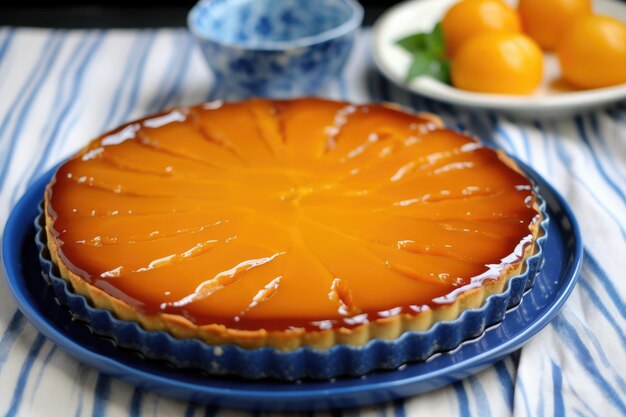 Una crostata all'arancia con glassa al caramello su un lino blu