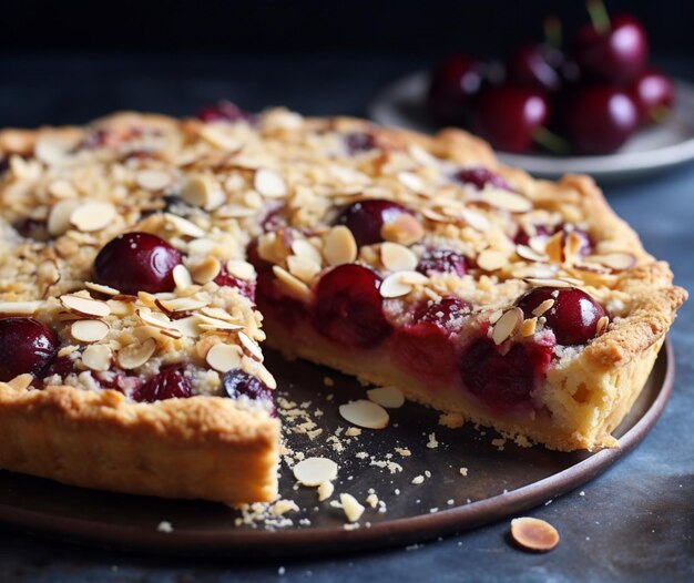 Una crostata di ciliegie e mandorle con una copertura di streusel