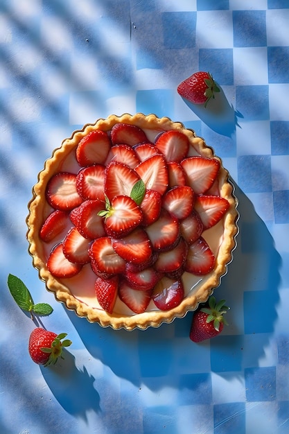 Una crostata di fragole con uno sfondo blu