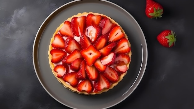 Una crostata di fragole su un piatto con sopra delle fragole