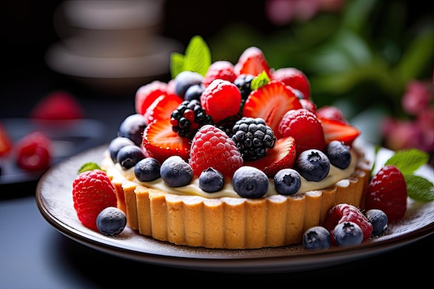 Una crostata di frutta con crema sopra