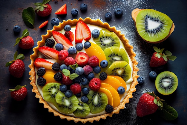 Una crostata di frutta con frutta fresca su uno sfondo scuro