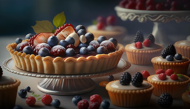 Una crostata di frutta con frutti di bosco in cima