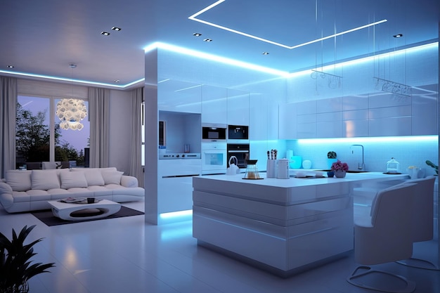 Una cucina bianca con una luce led blu sul soffitto.