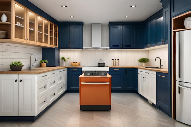 una cucina blu con una stufa bianca e un'isola di cucina blu.