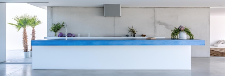 Foto una cucina blu minimalista con un'isola di cemento