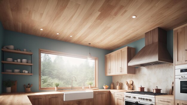 Una cucina blu radiante con un soffitto in legno e una stufa AI generativa