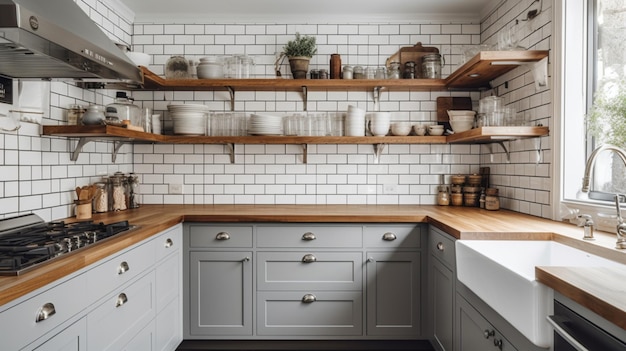 Una cucina con mobili in legno bianco e marrone e piastrelle bianche della metropolitana.