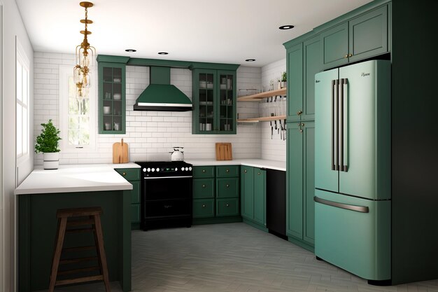Una cucina con mobili verdi e una stufa nera e una stufa nera.