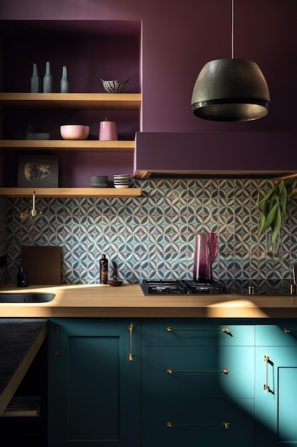 Una cucina con pareti viola e armadietti blu Immagine di IA generativa