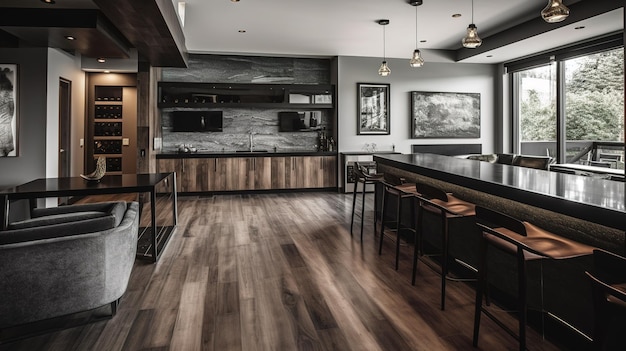 Una cucina con pavimento in legno e un bar con stufa a legna e forno a legna.