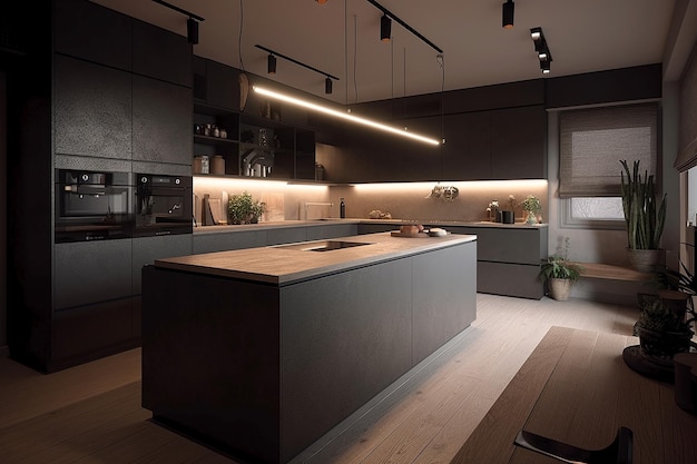 Una cucina con pensili neri e piano di lavoro bianco con una luce che pende dal soffitto.