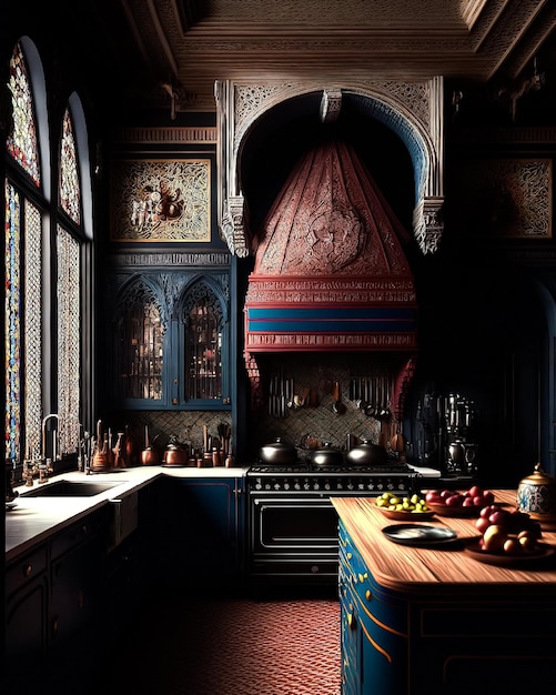 Una cucina con piano cottura e piano cottura dal design blu e rosso.