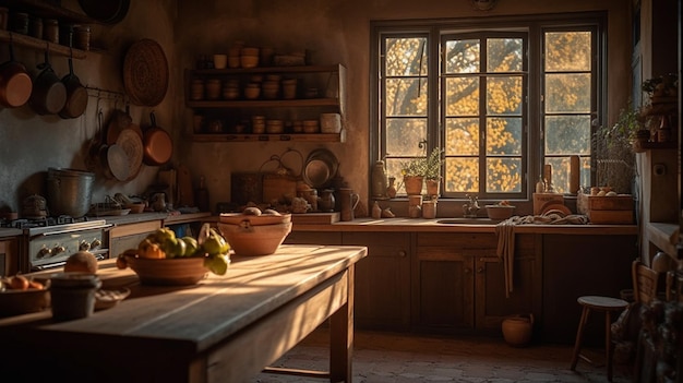 Una cucina con sopra un tavolo e un cesto di frutta