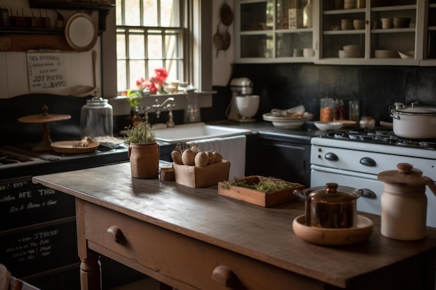 Una cucina con tavolo e sedie e una finestra che dice "la cucina è aperta"