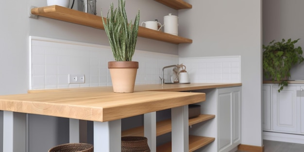 Una cucina con tavolo in legno e sgabelli con al centro una pianta.