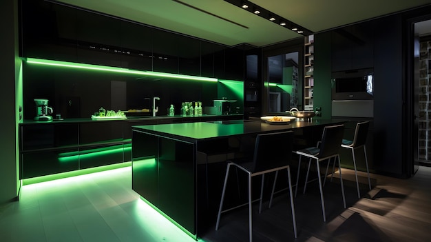 Una cucina con un bar e una striscia verde di luci.