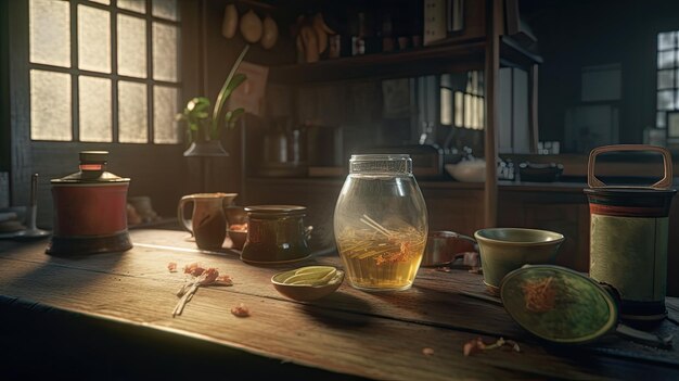 Una cucina con un barattolo di tè su un tavolo di legno.