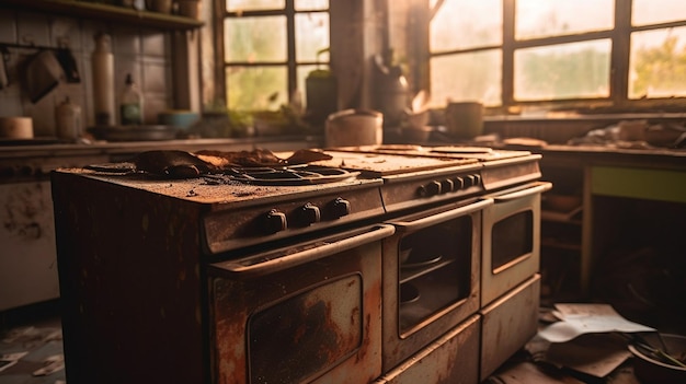 Una cucina con un fornello e una finestra che dice "la cucina è in stile rustico"