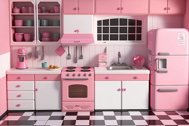 Una cucina con un fornello rosa e un cartello che dice "rosa"