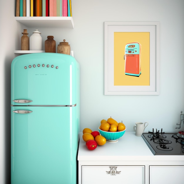 Una cucina con un frigorifero blu e un cesto di frutta sul bancone.