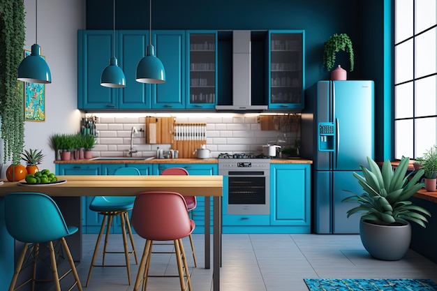 Una cucina con un frigorifero blu e un frigorifero verde.