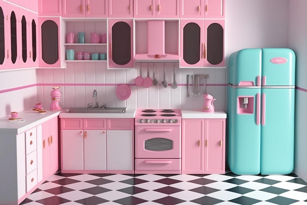 Una cucina con un frigorifero rosa e un frigorifero blu