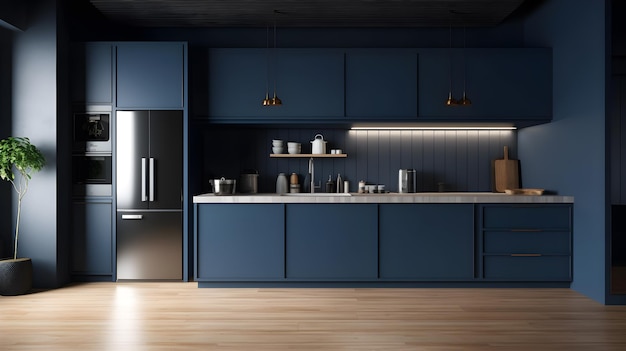 Una cucina con un'isola cucina blu scuro e un soffitto nero.