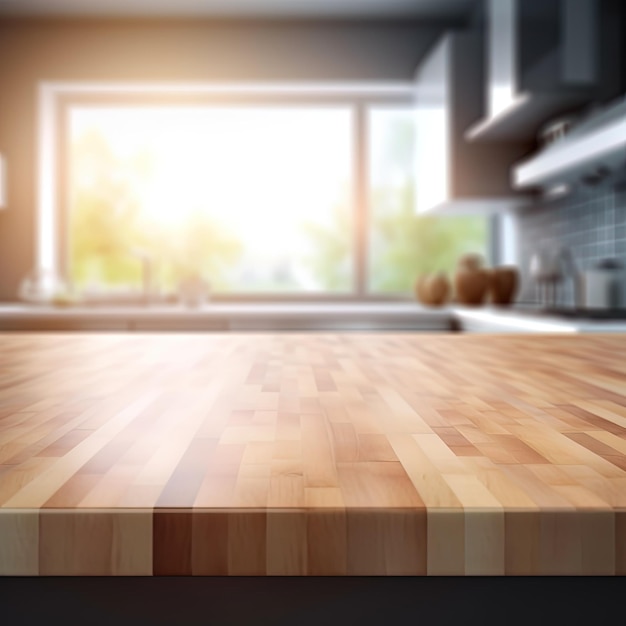 Una cucina con un ripiano in legno e una finestra con il sole che splende sullo sfondo.