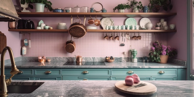 Una cucina con un ripiano in marmo e armadietti blu Immagine di intelligenza artificiale generativa