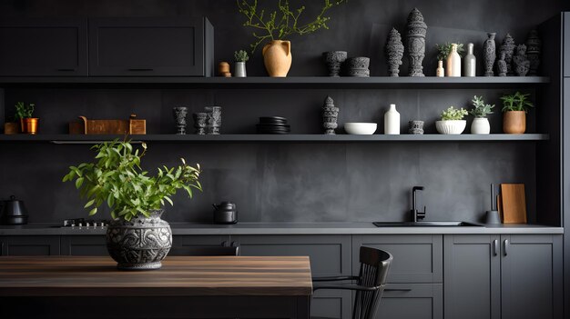 una cucina con un tavolo di legno e pareti nere cucina interna moderna con carbone tema di colore grigio