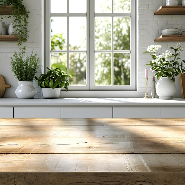 Una cucina con un tavolo di legno e una finestra