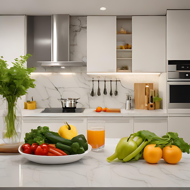 una cucina con una ciotola di verdure e una ciotoletta di carote su un bancone