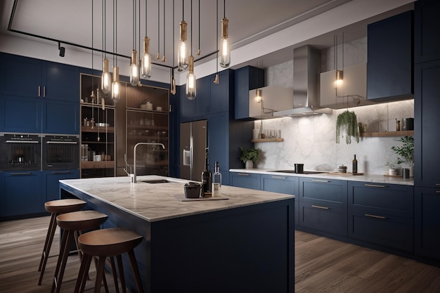 Una cucina con una cucina blu con un'isola bianca e un bar con una lampada appesa al soffitto.