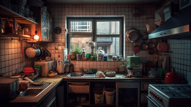 Una cucina con una finestra che dice "la parola cucina".