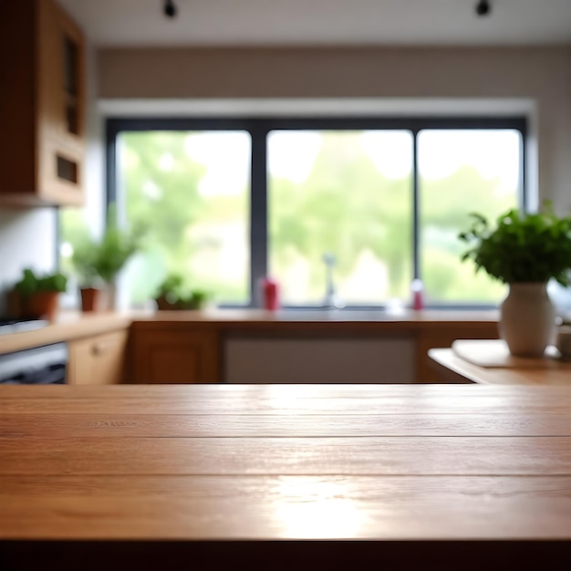 una cucina con una finestra e una pianta sul tavolo