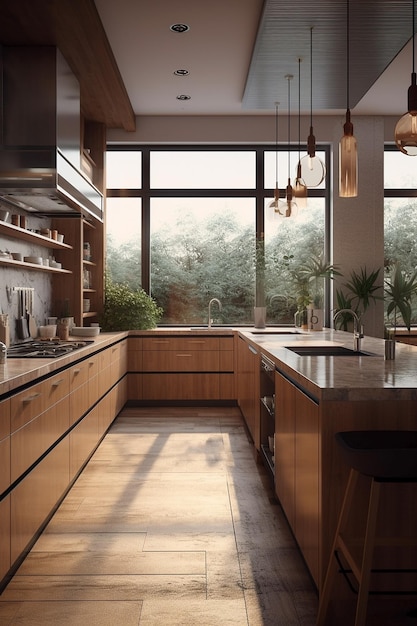 Una cucina con una grande finestra con sopra una pianta