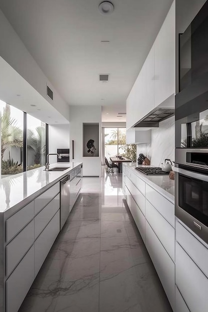 Una cucina con una grande finestra e un lavello con piano cottura e forno.