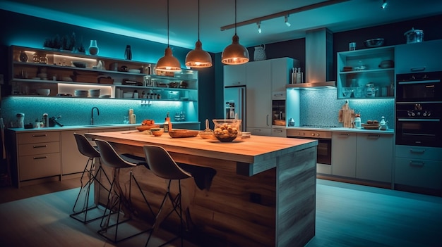 Una cucina con una grande isola con tavolo e sedie in legno con sopra una luce blu.