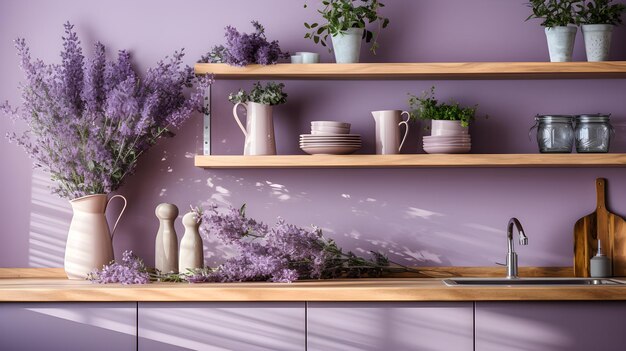una cucina con una parete viola e scaffali in legno cucina d'interno boema con tema di colore lavanda
