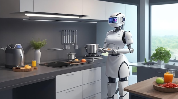 Una cucina con uno chef robotico che prepara i pasti