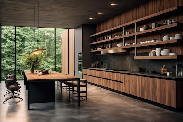 Una cucina contemporanea dotata di mensole ha un design interno elegante e moderno