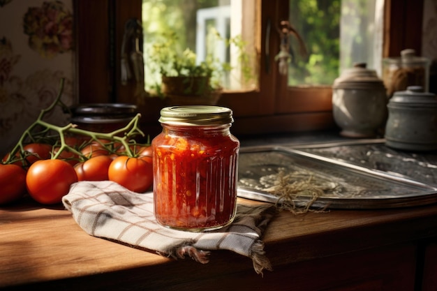 Una cucina di casa con una stuoia intrecciata mostra un barattolo di vetro pieno di salsa di pomodoro appena fatta