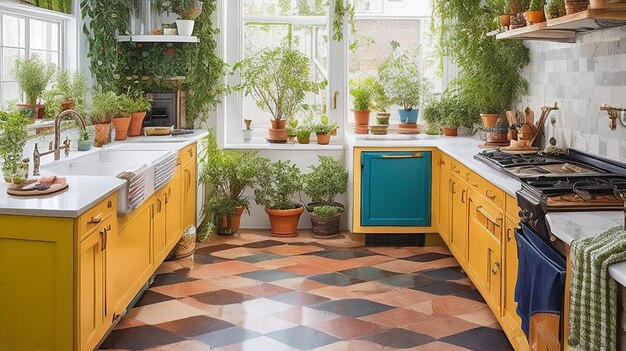 Una cucina eclettica con un pavimento a scacchi luminoso un backsplash colorato e una varietà di piante